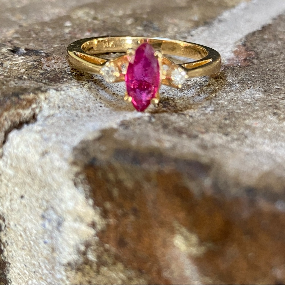 Solid 14kt Gold Diamond Ruby Ring Marquis Ruby - image 2